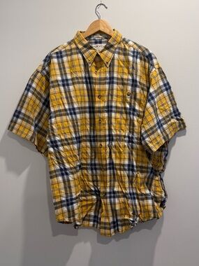 Orvis Yellow Navy White Plaid Short-Sleeve Button-Down Shirt